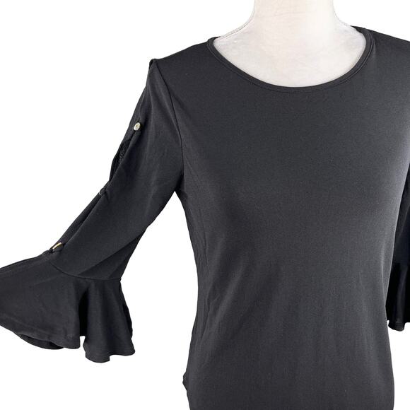 Green Envelope Top Black Small Bell Sleeves Cut Outs New - Picture 7 of 13